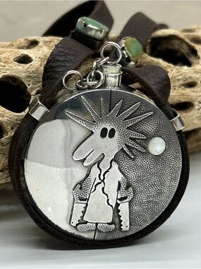 Sterling Silver Flask Necklace Leather Strap Turquoise AZ Navajo Darrell Jumbo